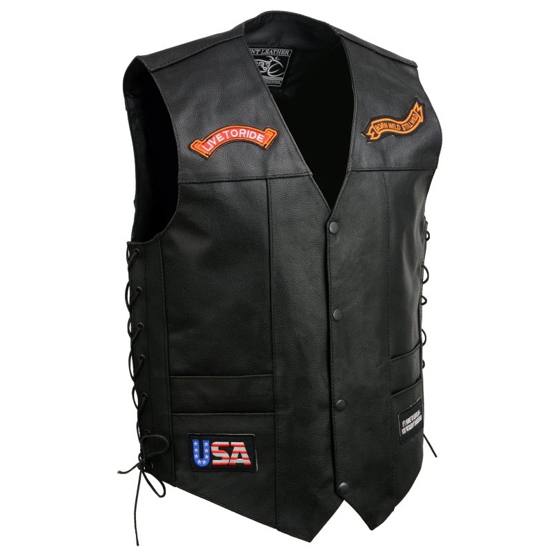 EVENT LEATHER ELM3930 Menâ€™s Black Motorcycle Riders Leather Vest w/ 9 Patches and Adjustable Side Laces - 5X-Large - Image 5